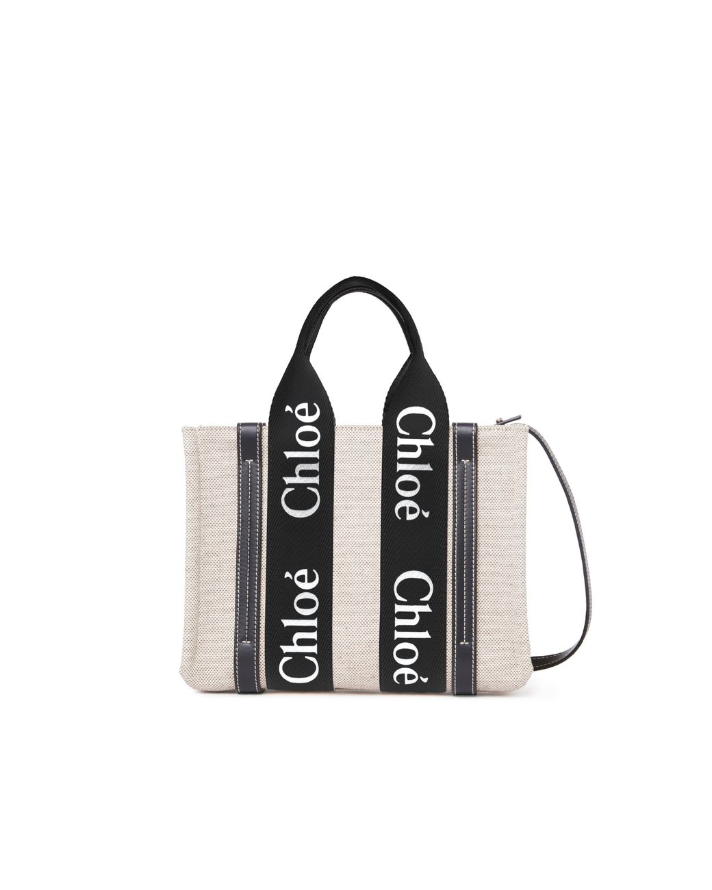 Chloe WOODY Small Tote 2wayストラップ付き白／黒 Chloe WOODY Small Tote 2wayストラップ付き白／黒