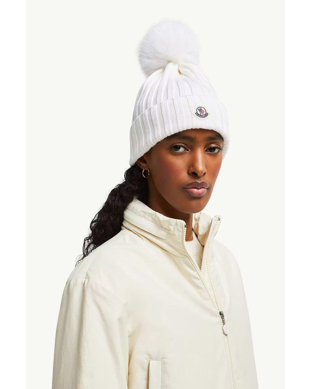 Moncler White Archive Logo Bobble Hat