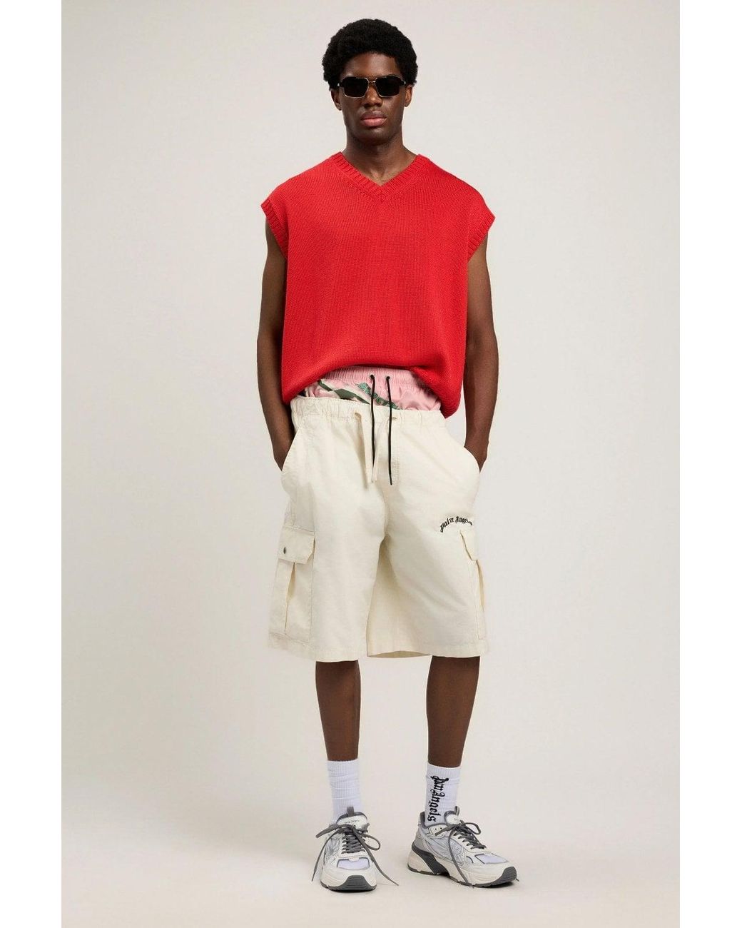 Palm Angels White Curved Logo Loose Cargo Shorts for men