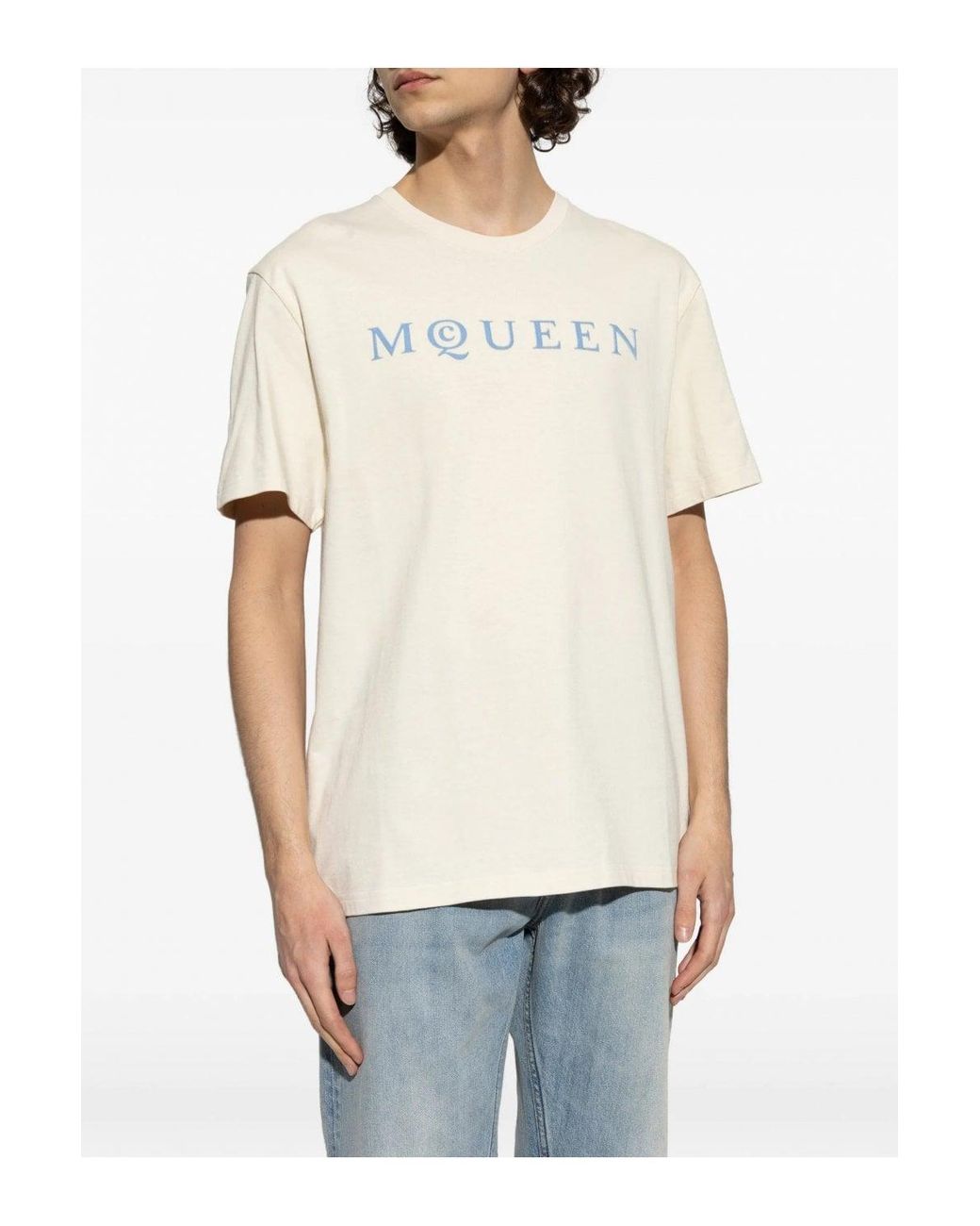 McQueen White Flock Print Logo T Shirt for men