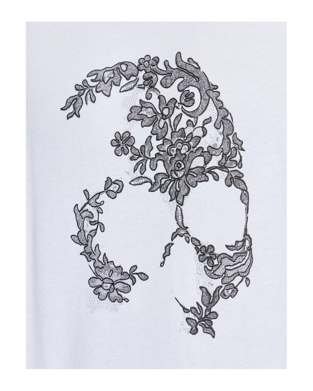 McQueen White Lace Skull Print T Shirt for men