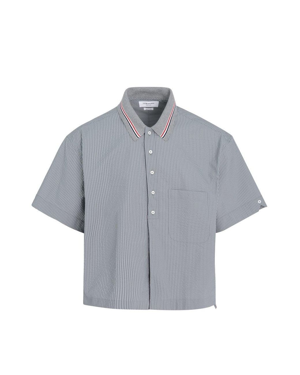 Thom Browne Gray Knit Collar Rugby Seersucker Shirt for men