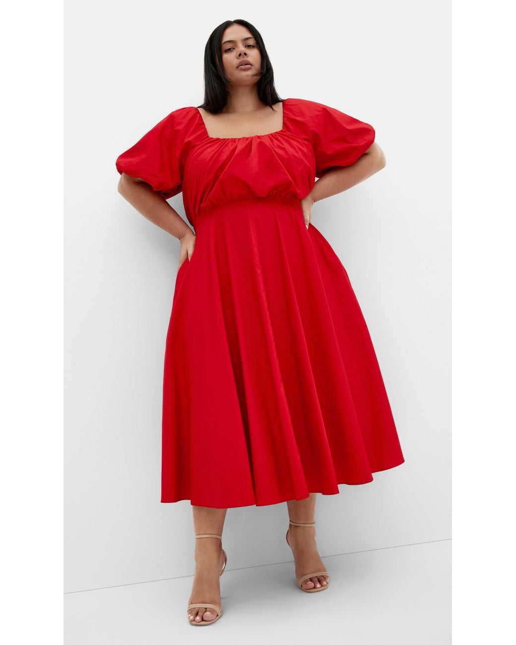 City Chic Plus Size Rosabella Puff Sleeve Midi Dress in Red | Lyst