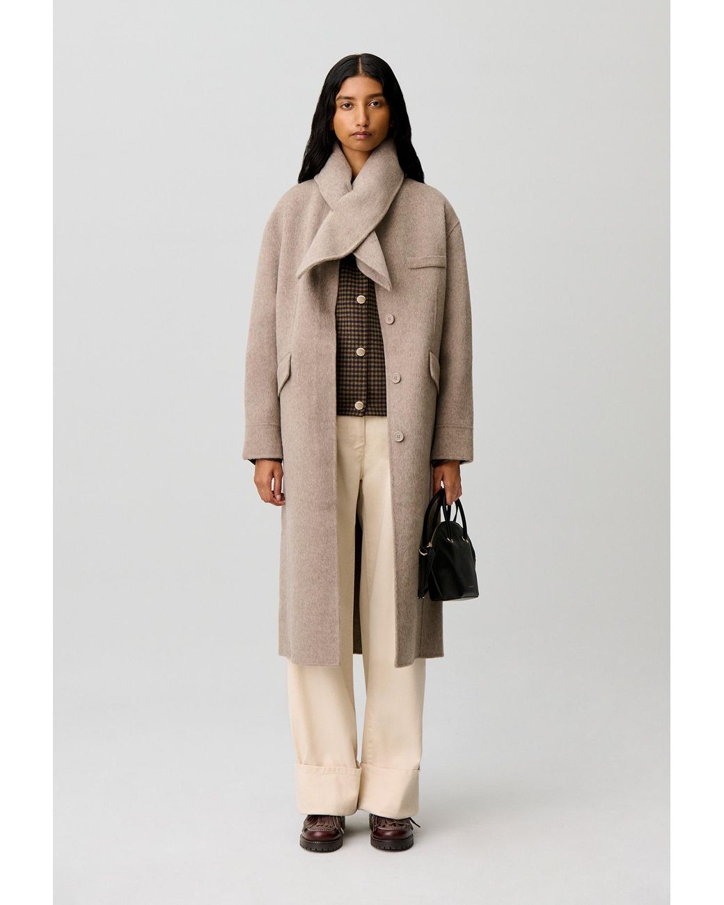 Claudie Pierlot Natural Long Wool Scarf Collar Coat