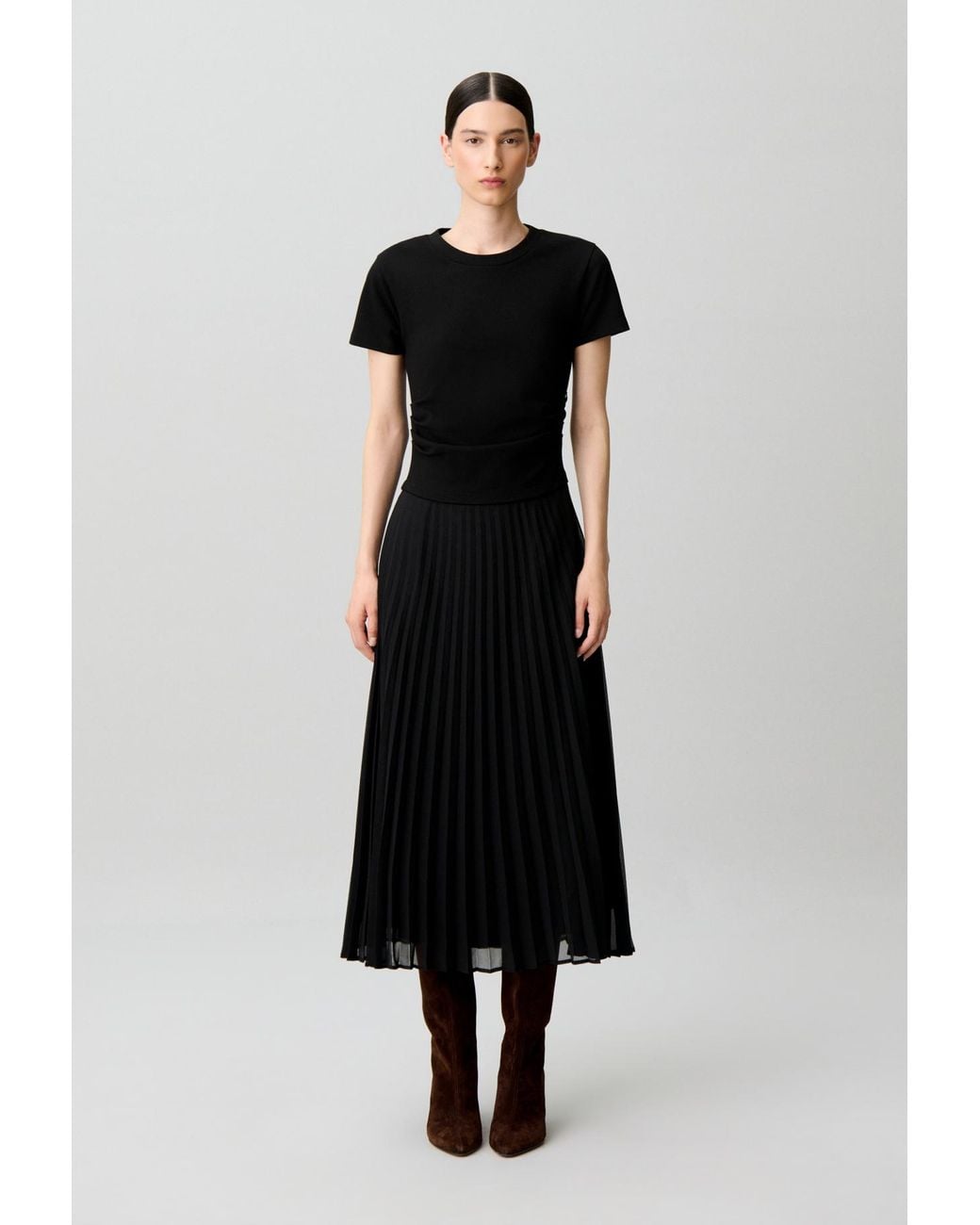 Claudie Pierlot Black Straight Pleated Bi-Material Dress