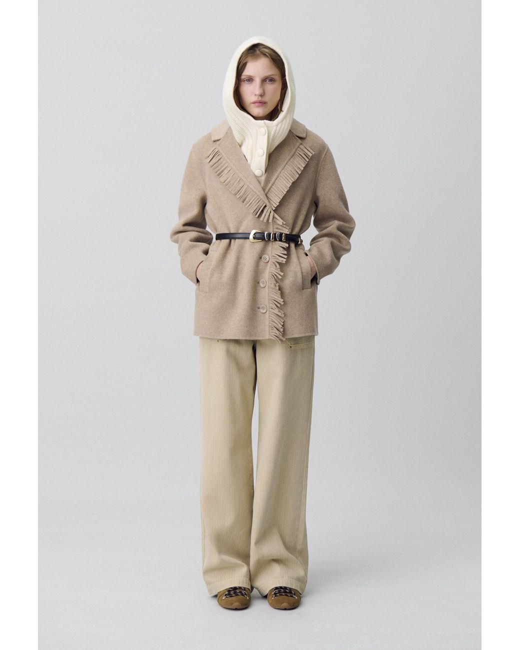 Claudie Pierlot Natural Short Wool Coat With Fringes