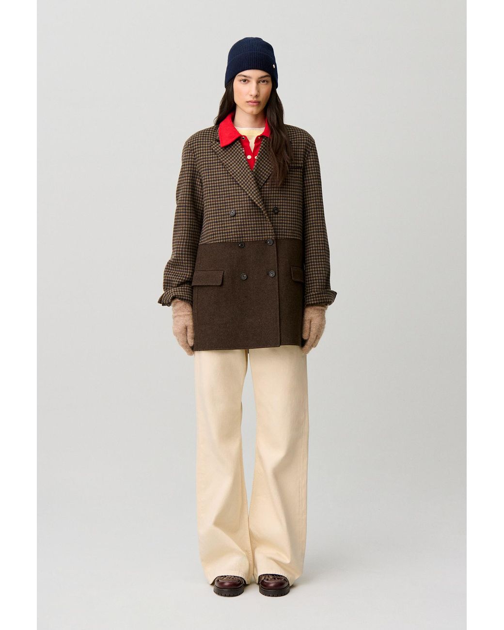Claudie Pierlot Multicolor Plain Checked Wool Coat