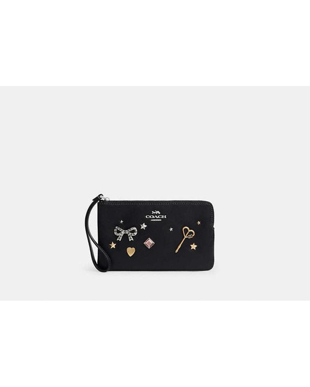 COACH Black Large Corner Zip Wristlet With Jewel Pins