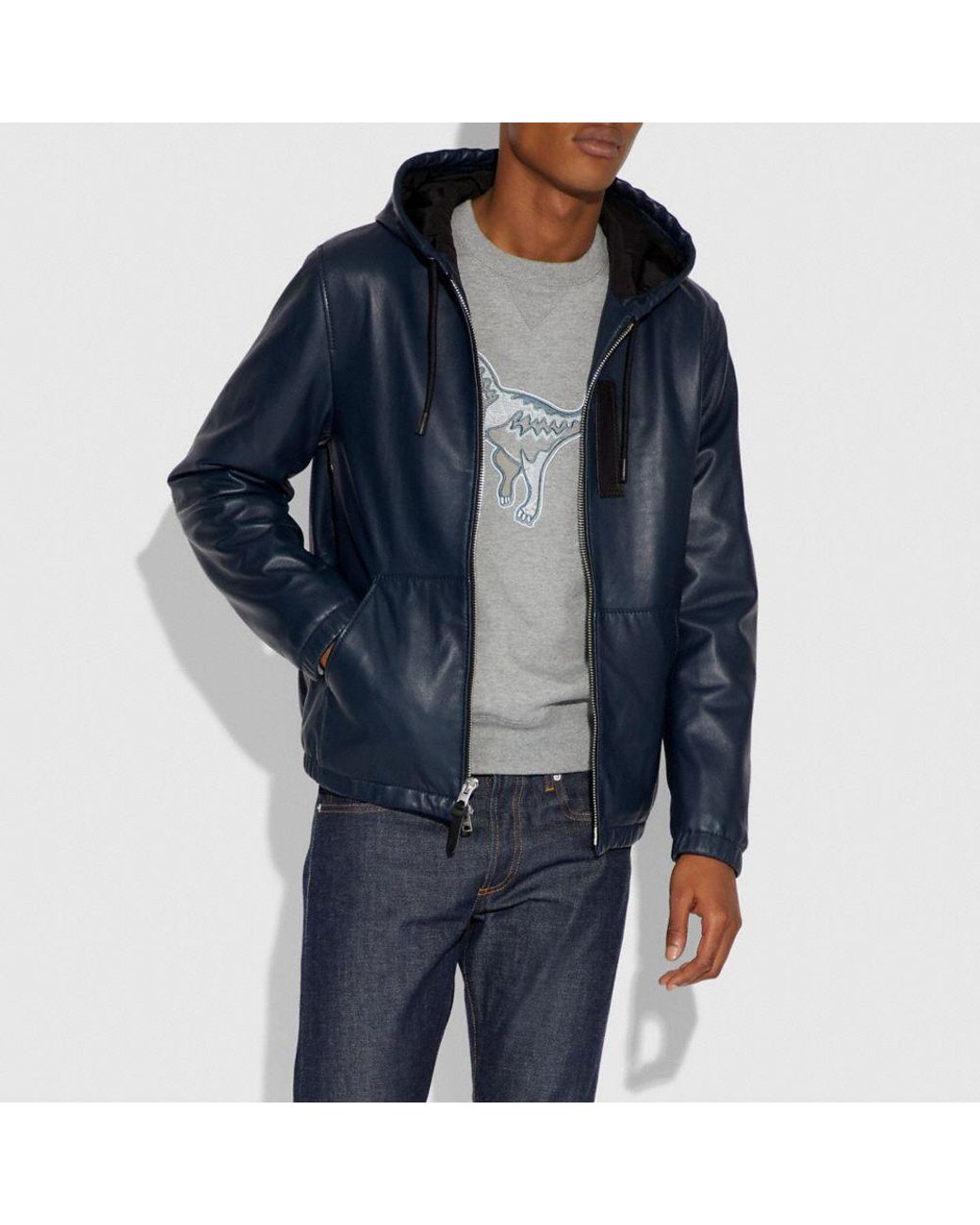 COACH Hooded Leather Jacket in Blue for Men | Lyst