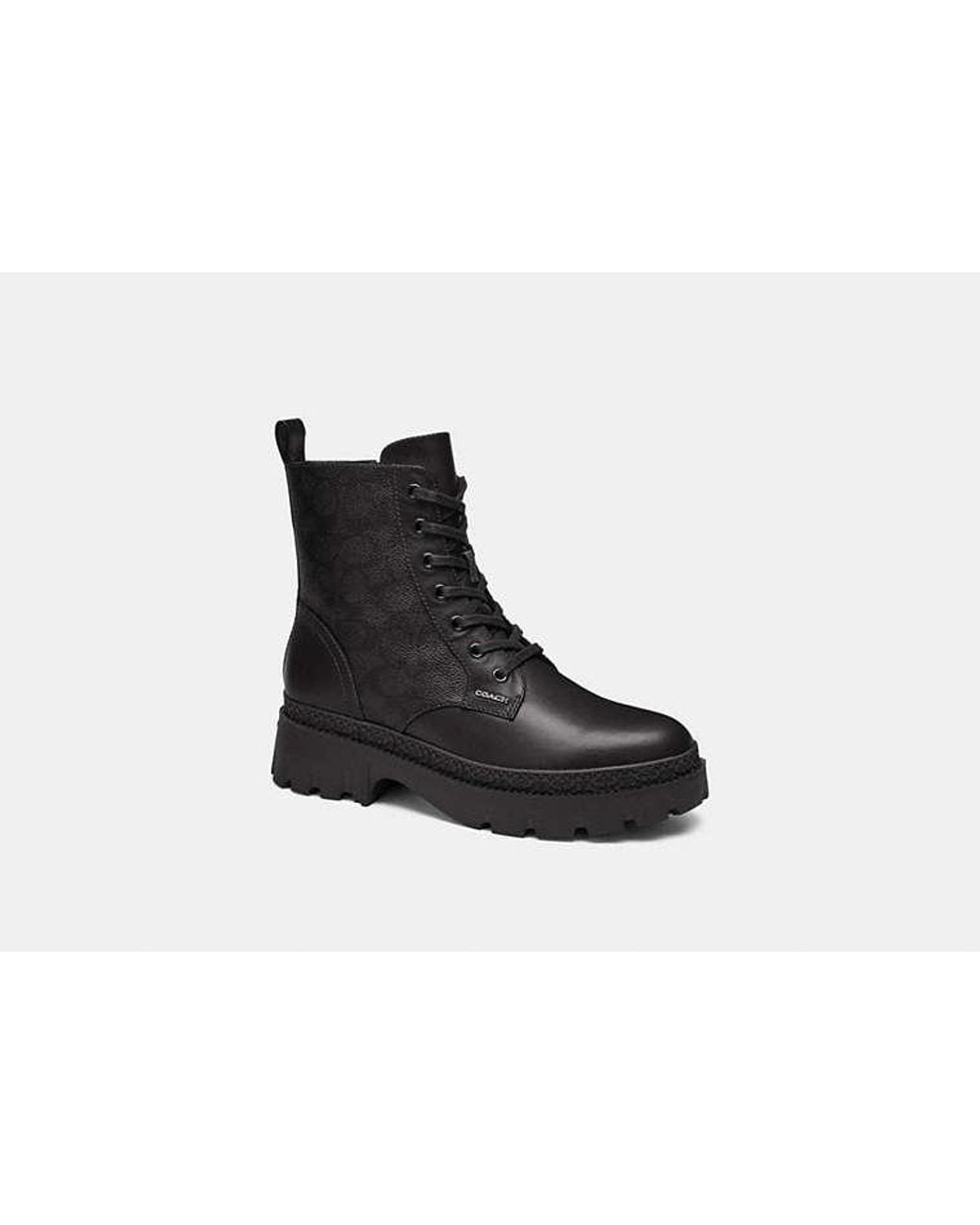 COACH Black Lucy Lug Sole Combat Boot With Signature Canvas