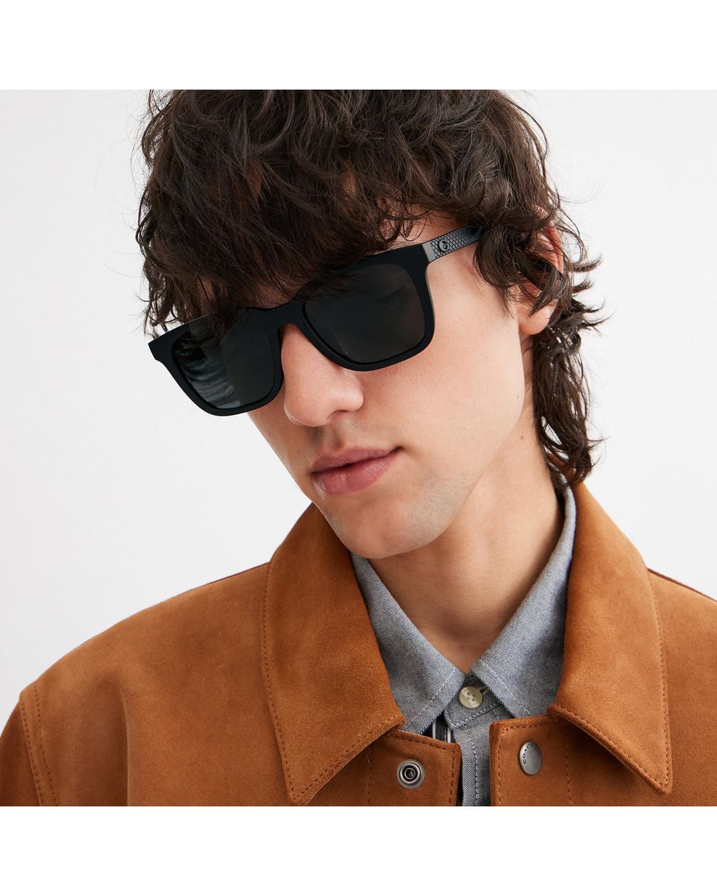 COACH Black C Hardware Textured Temple Square Sunglasses for men