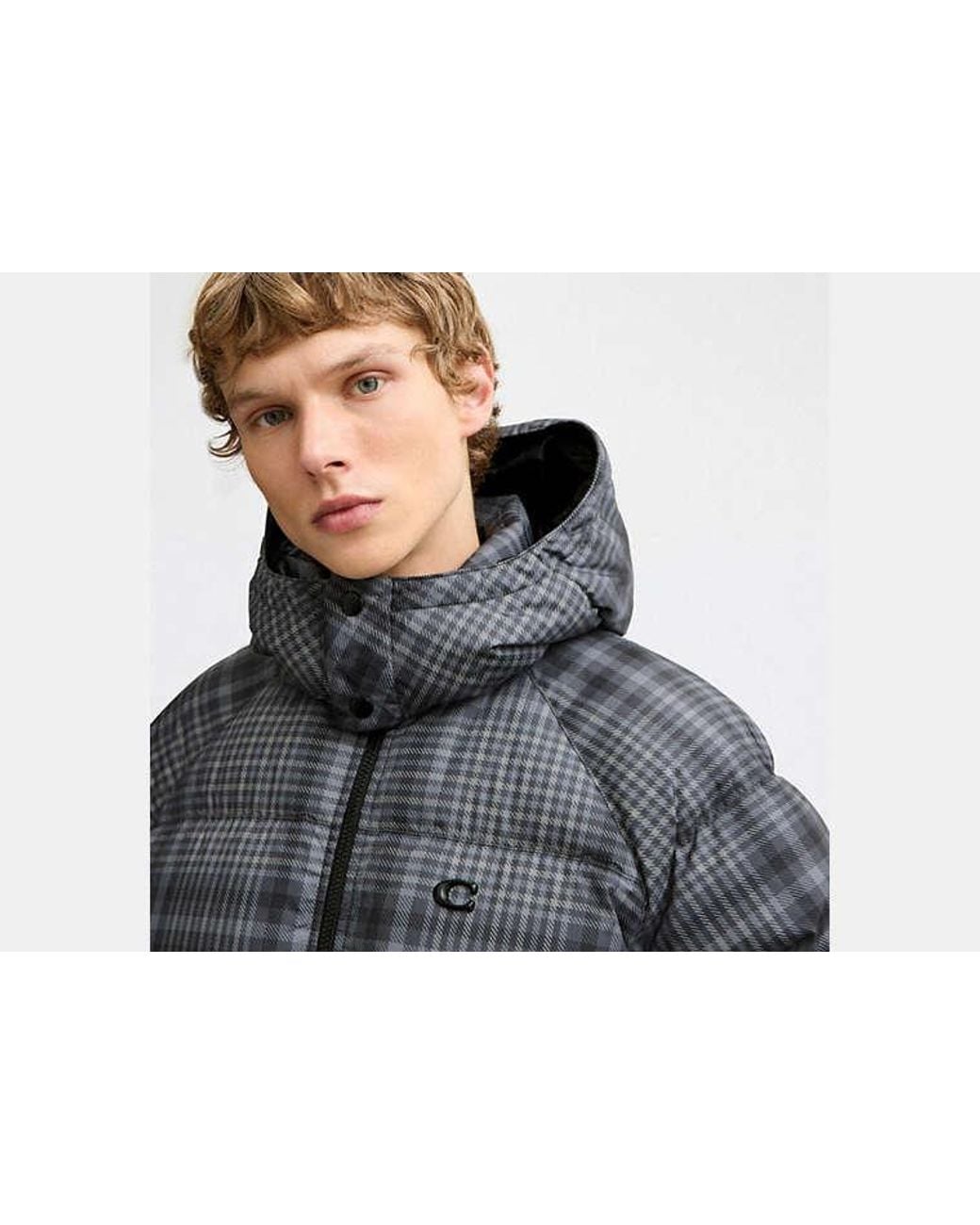 COACH Black Printed Plaid Puffer Jacket for men