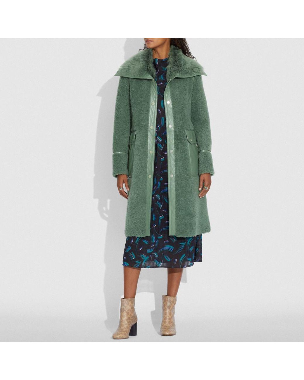 COACH Leather Shearling Coat in Green 