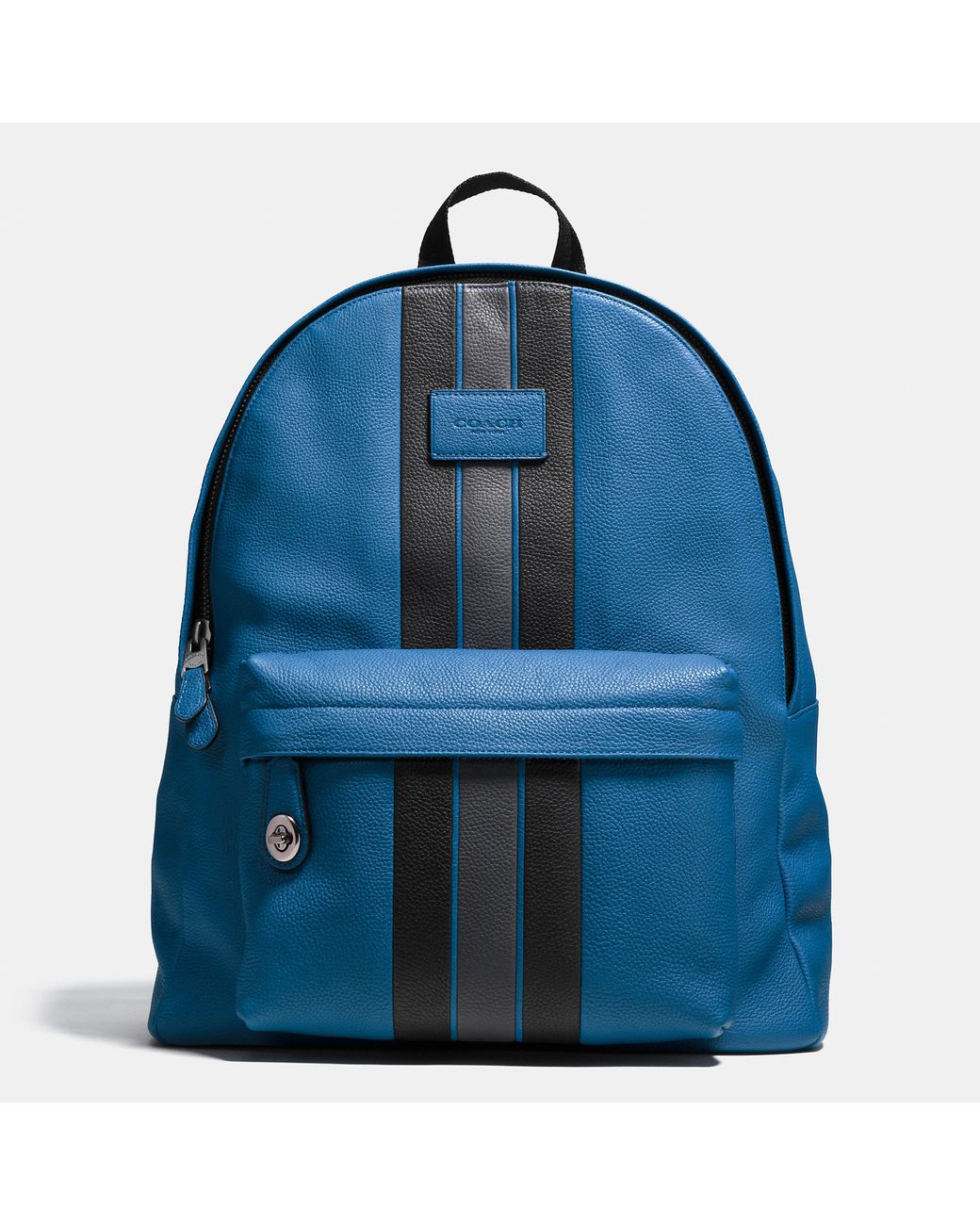 coach black rip and repair varsity stripe campus backpack West In Signature Canvas With sized backpack features a textured central grosgrain detailing to make up the Signature Stripe design Coach Charles Backpack in Signature