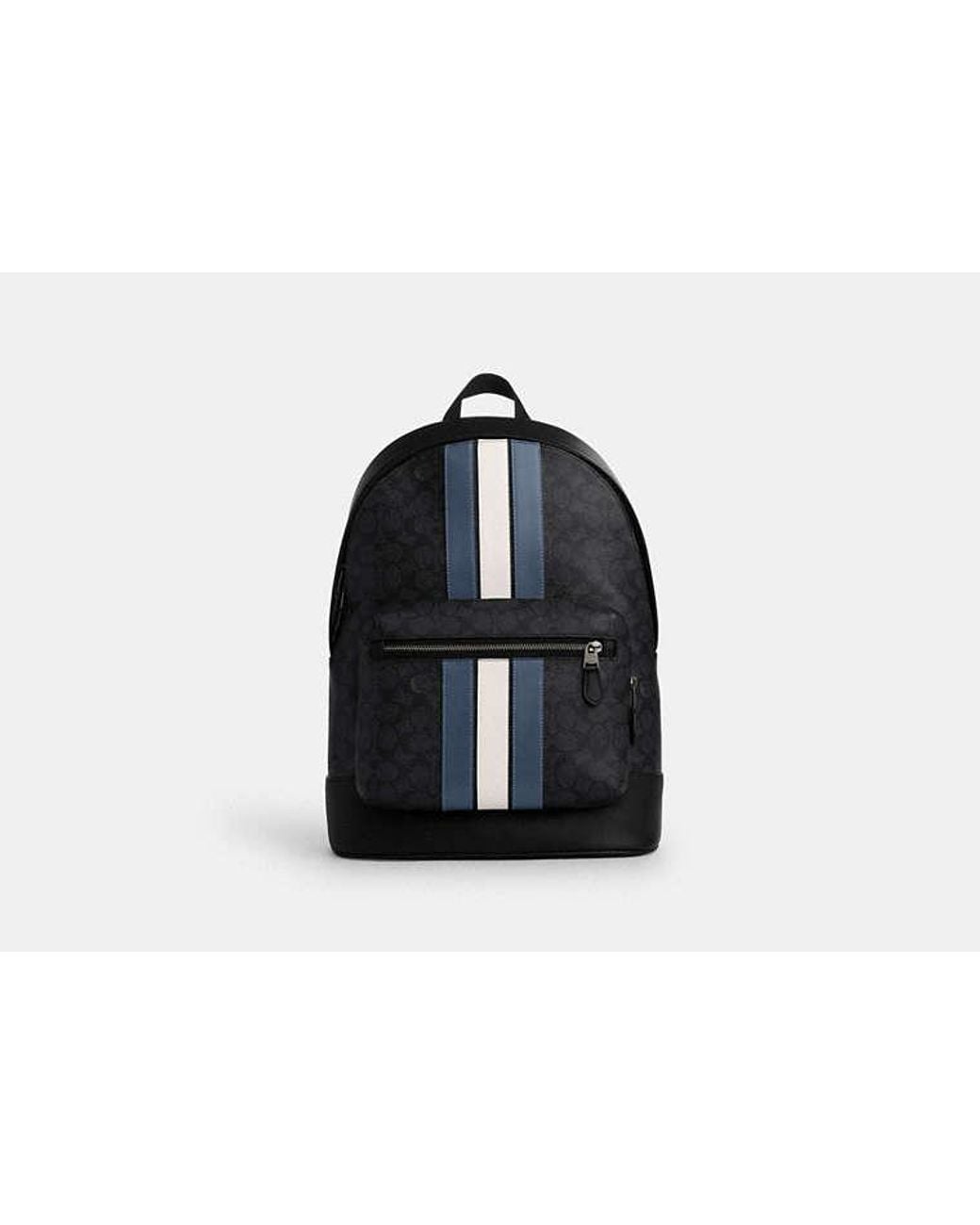 coach backpack with blue white stripe West In Signature Canvas Varsity Charcoal/D Coach West Backpack In Signature