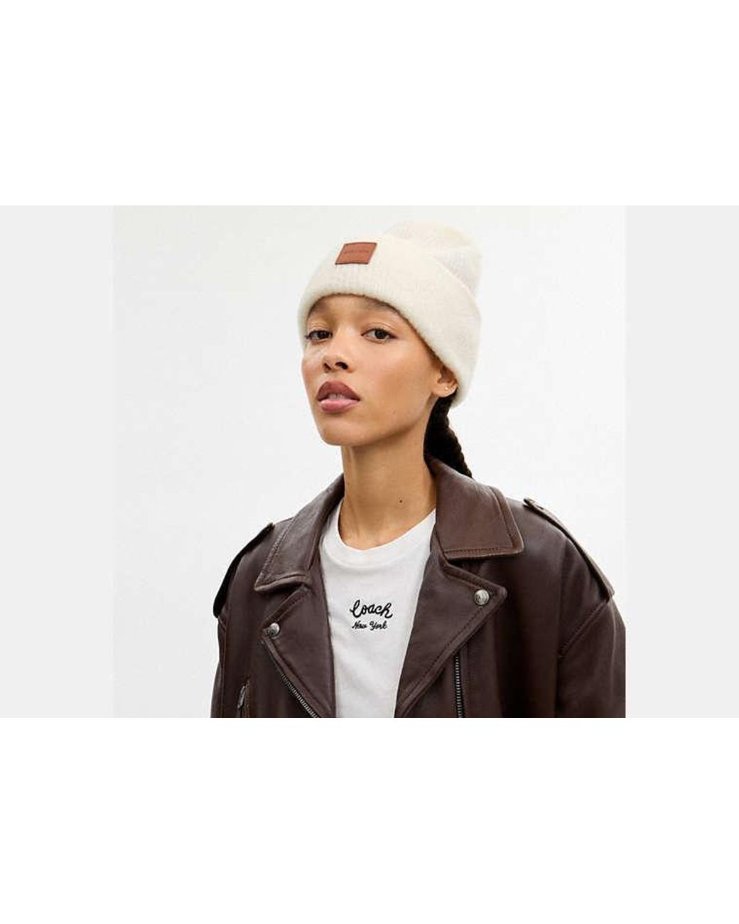 Bonnet En Maille Avec Patch En Cuir En COACH en coloris Black