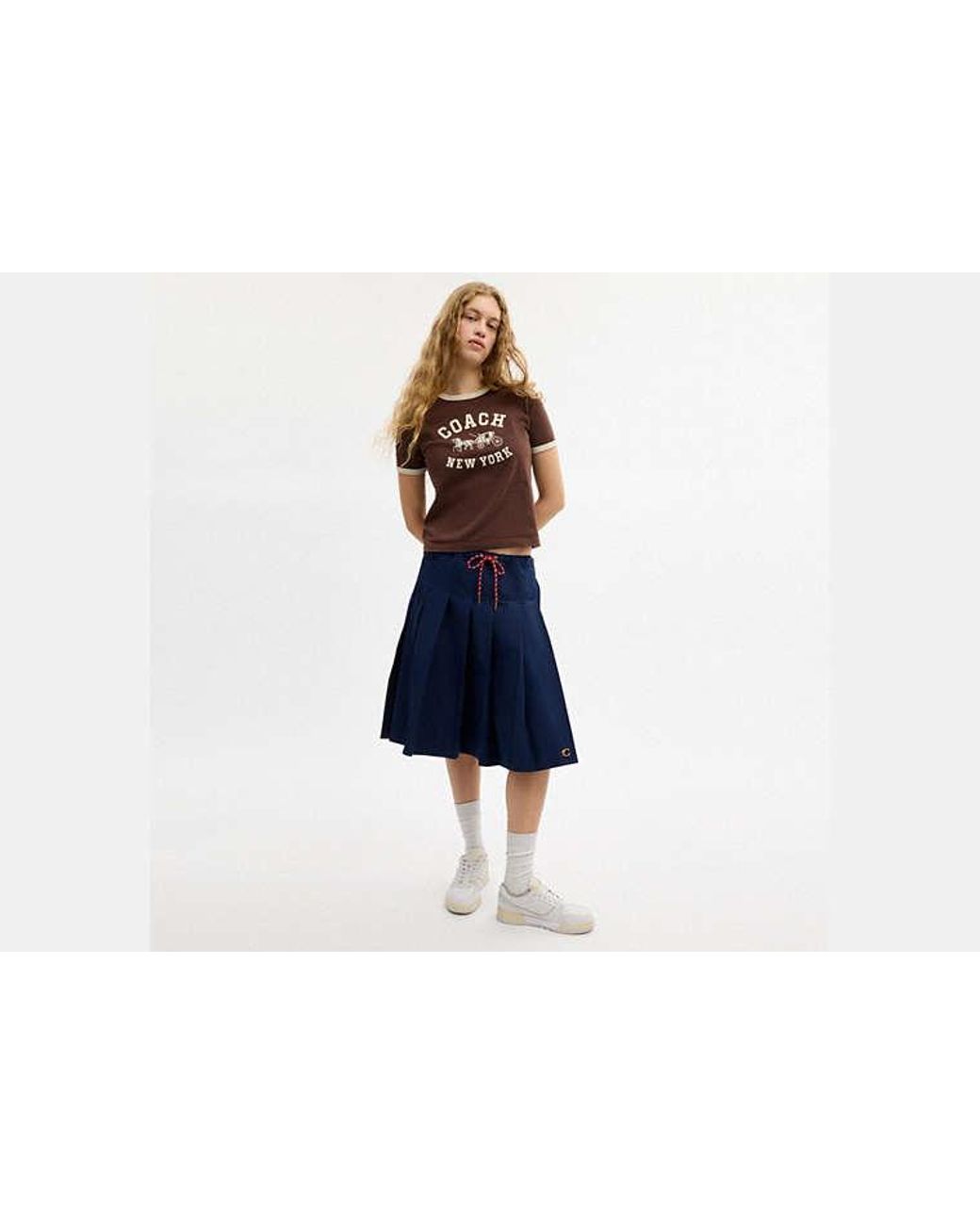 COACH Blue Sporty Pleated Midi Skirt