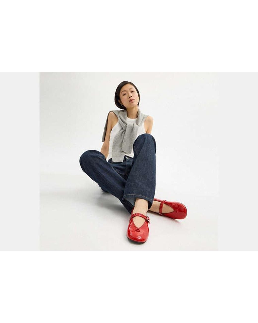 COACH Red Sculpted C Crinkle Patent Leather Soft Mary Jane Flat Shoes
