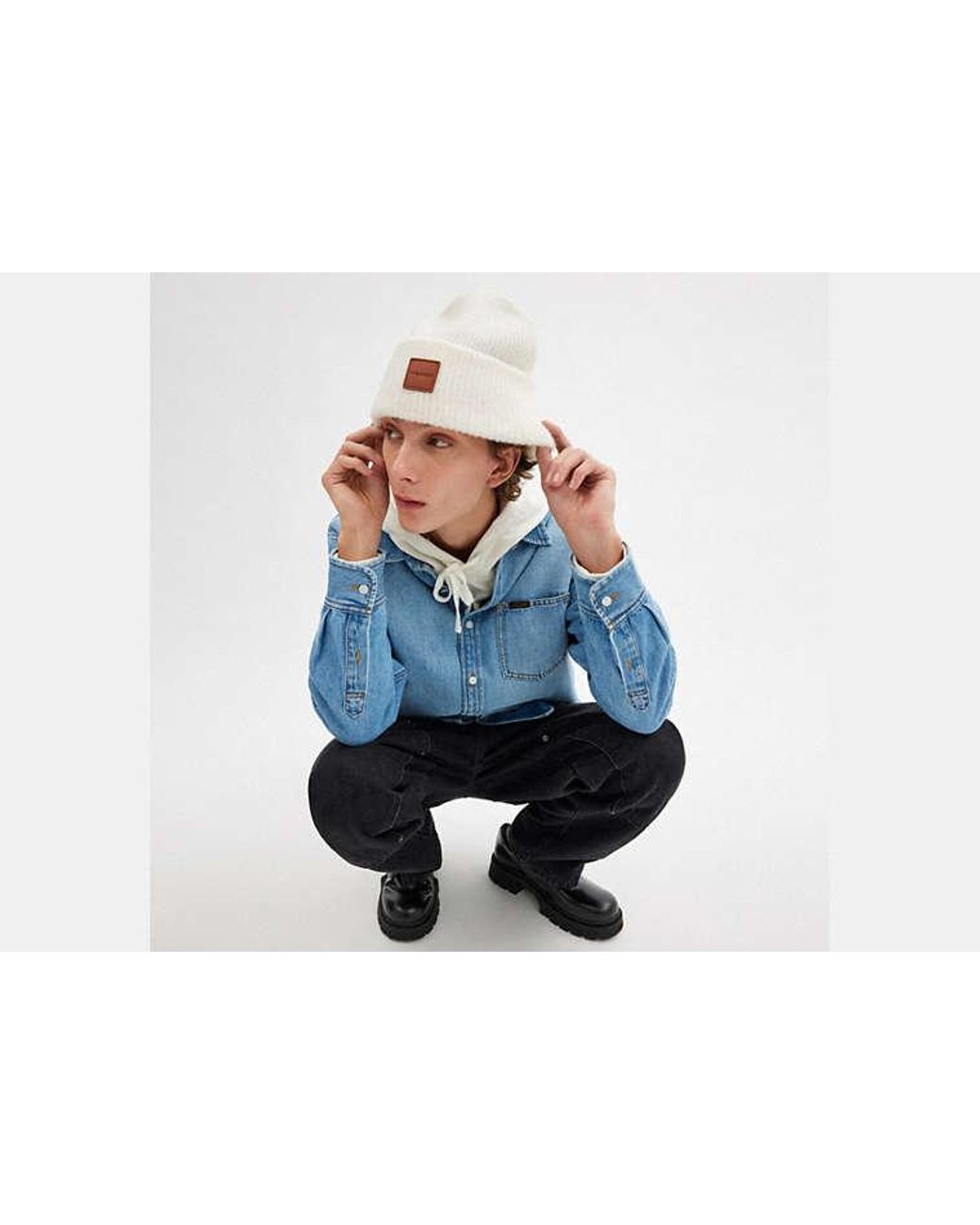 Bonnet En Maille Avec Patch En Cuir En COACH en coloris Black