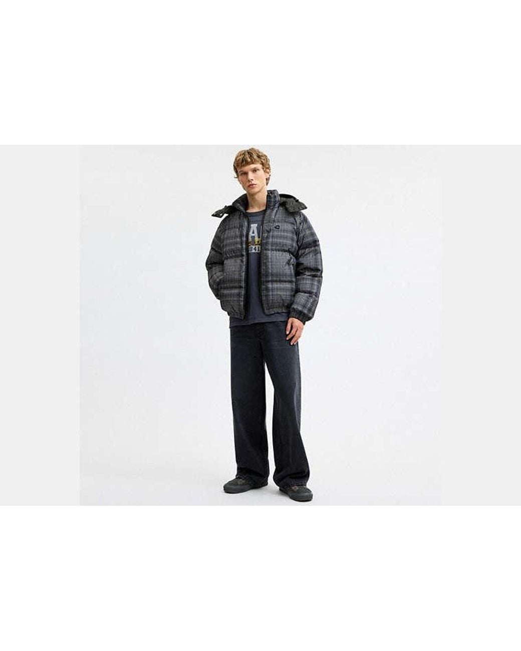COACH Black Printed Plaid Puffer Jacket for men