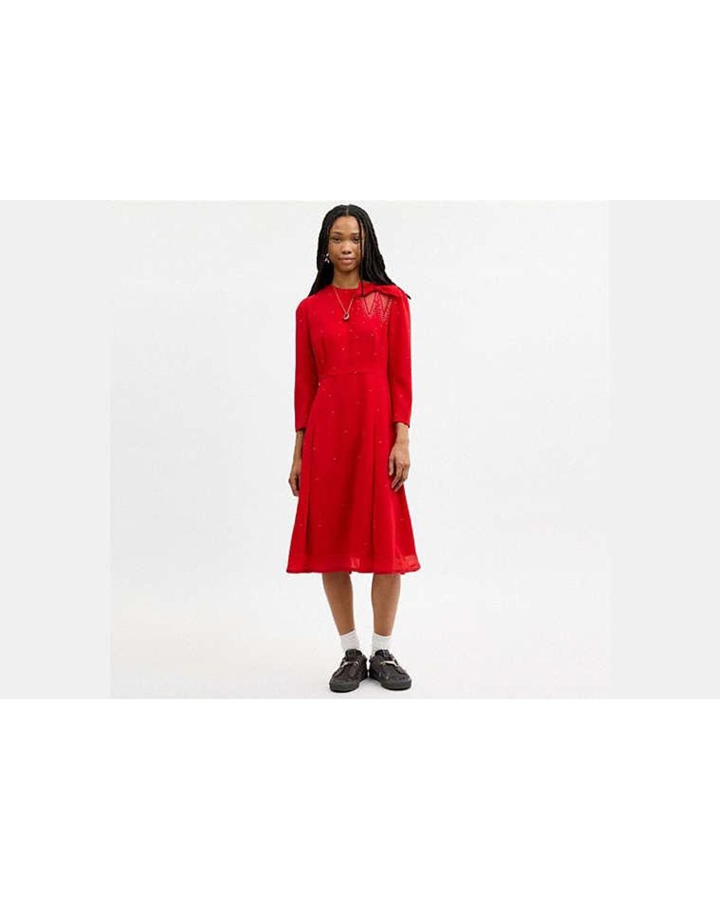 COACH Red Long Sleeve Bow Dress