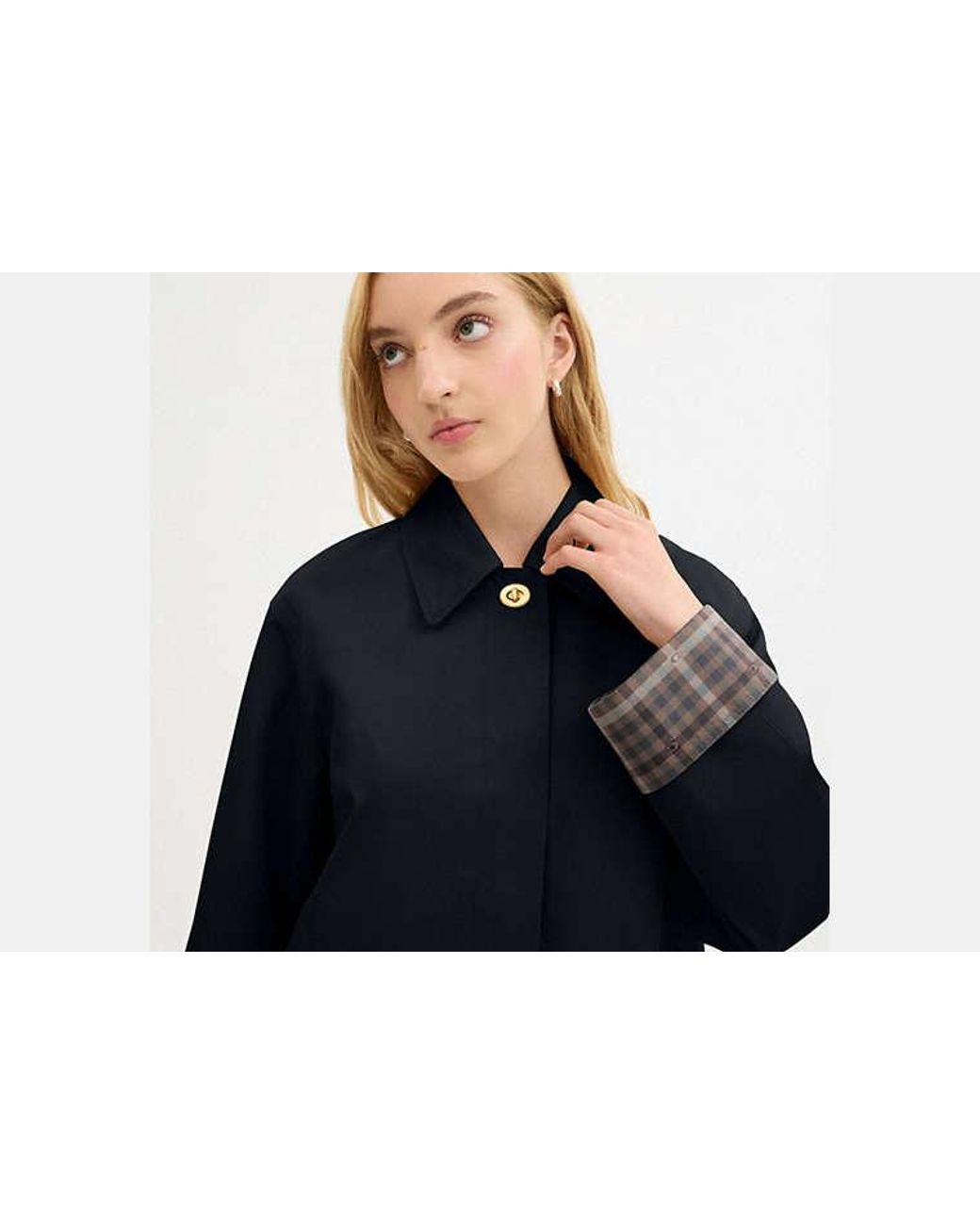 COACH Blue Heritage Car Coat With Plaid Lining
