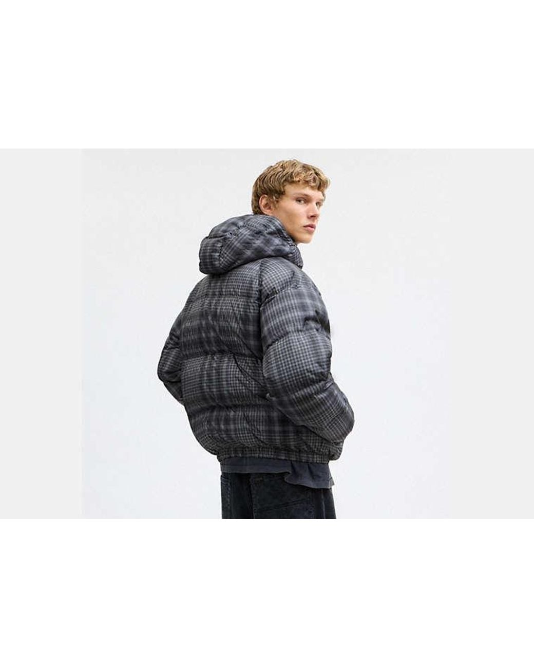 COACH Black Printed Plaid Puffer Jacket for men