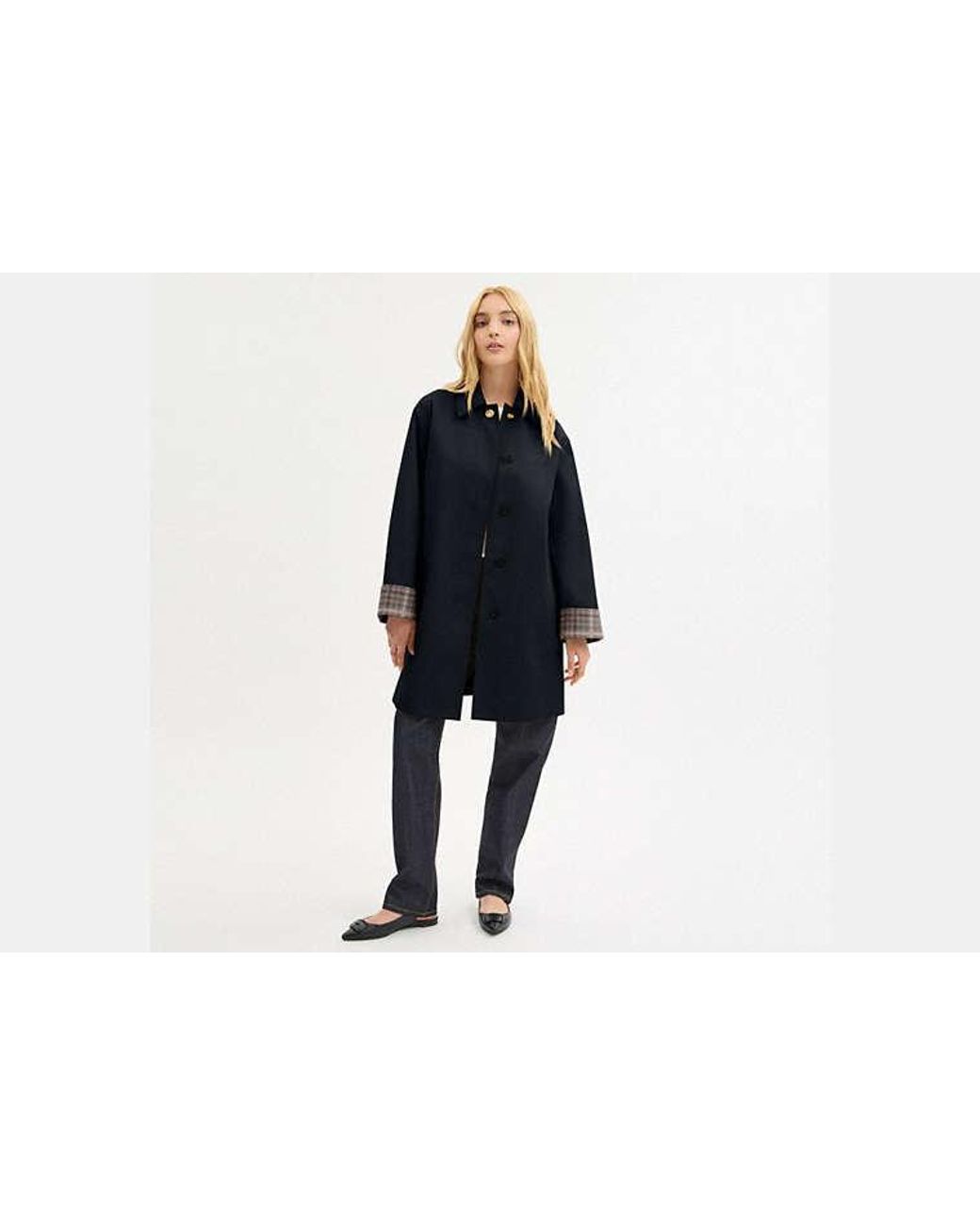 COACH Blue Heritage Car Coat With Plaid Lining