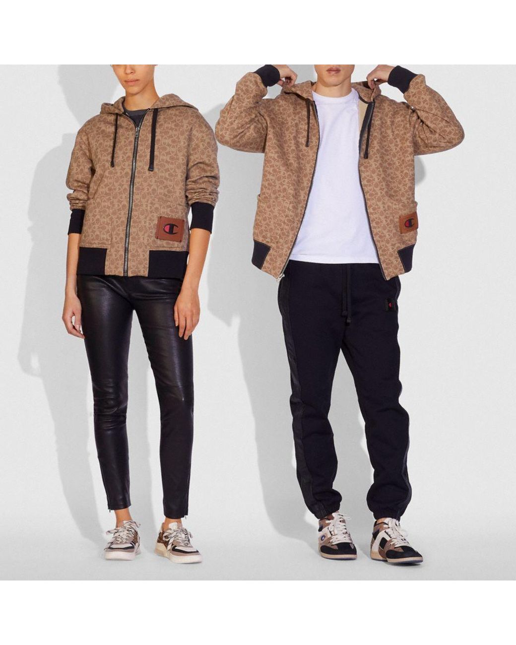 COACH X Champion Women's Super Fleece Signature Zip Hoodie in Brown | Lyst