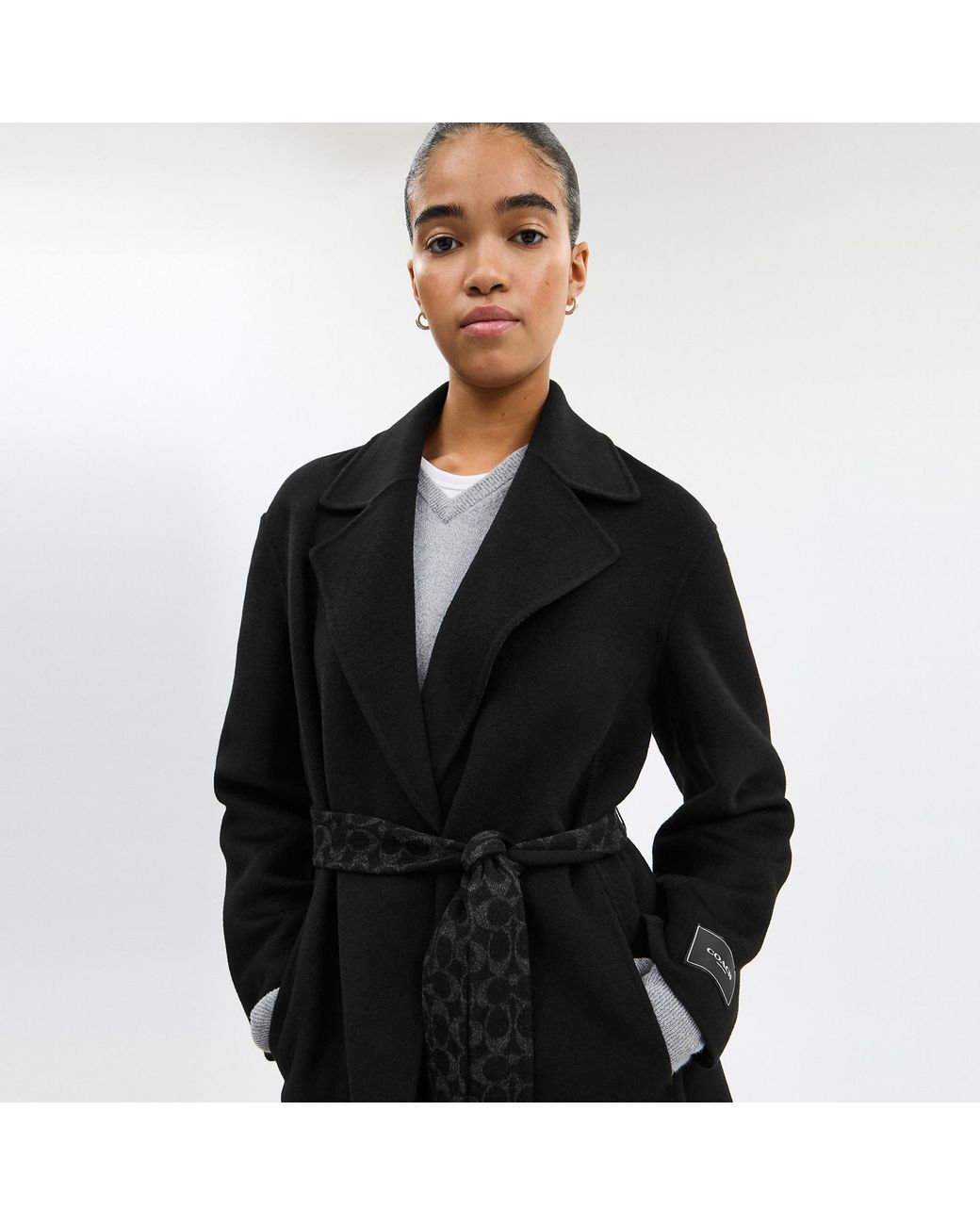 COACH Black Belted Wool Long Coat