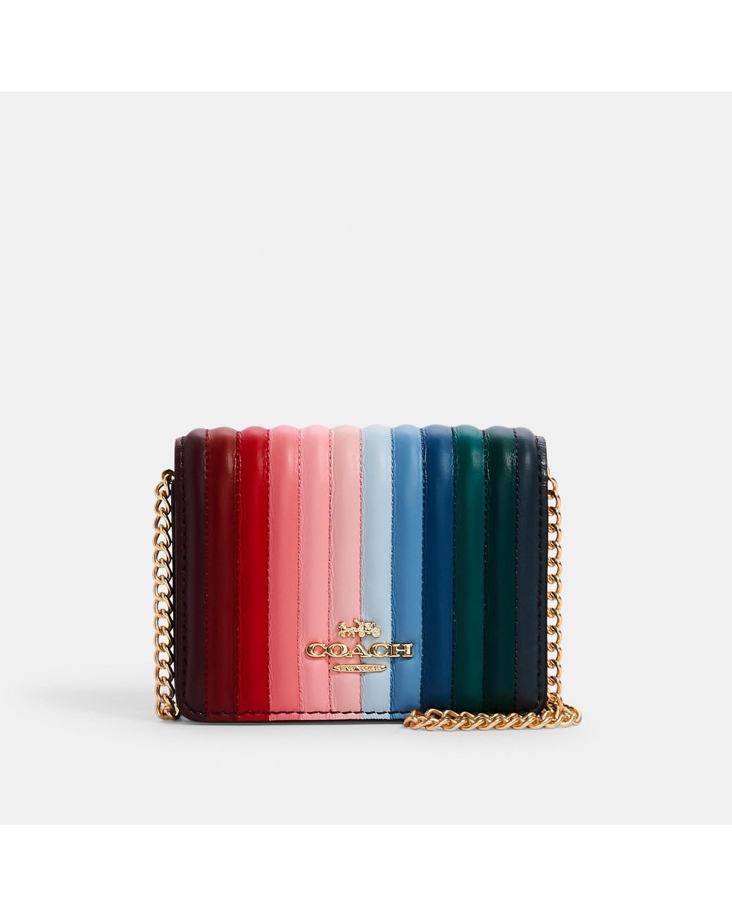 COACH Mini Wallet On A Chain With Rainbow Linear Quilting in Pink