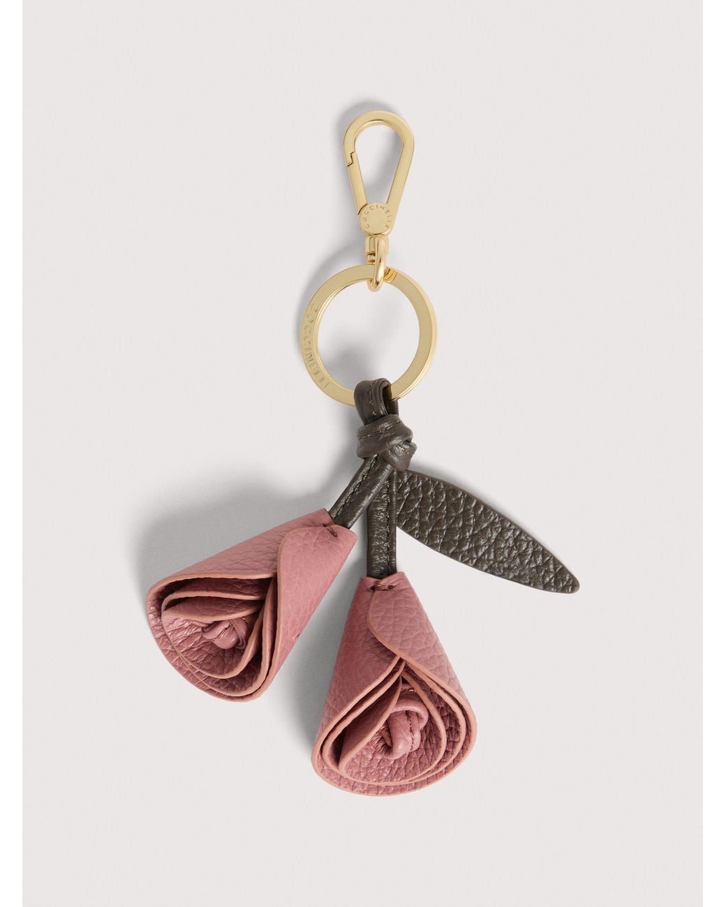 Coccinelle Pink Grained Leather Key Ring Flowers