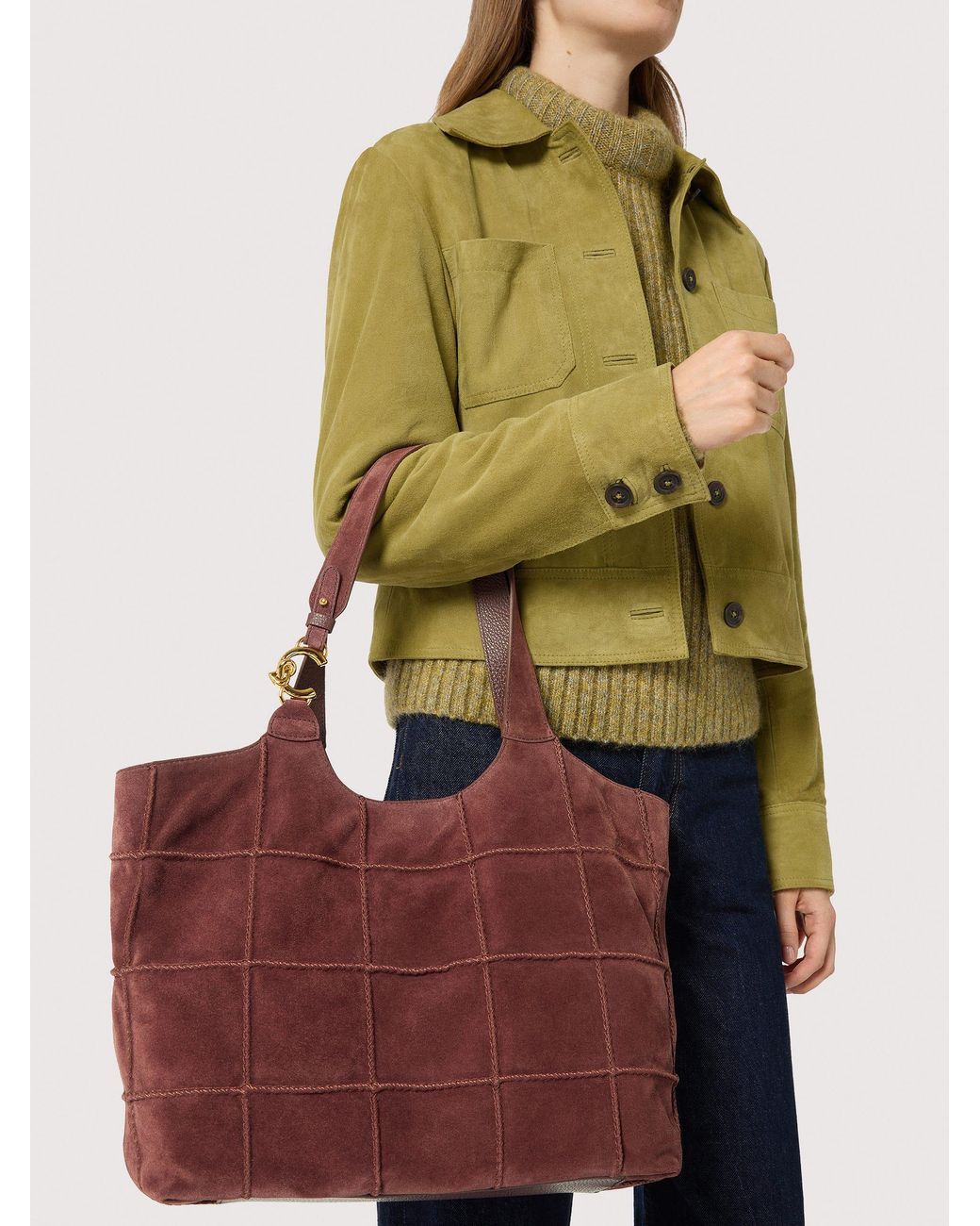 Coccinelle Suede Tote Bag With Embroidered Check Pattern C-Easy Large