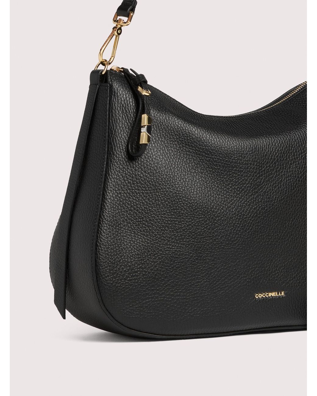Coccinelle Black Grained Leather Hobo Bag Nory Medium