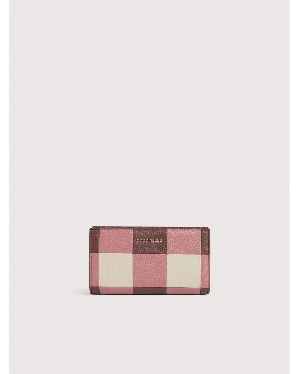 Coccinelle Pink Grained Leather Wallet With Patchwork Vichy Detailing Metallic Large