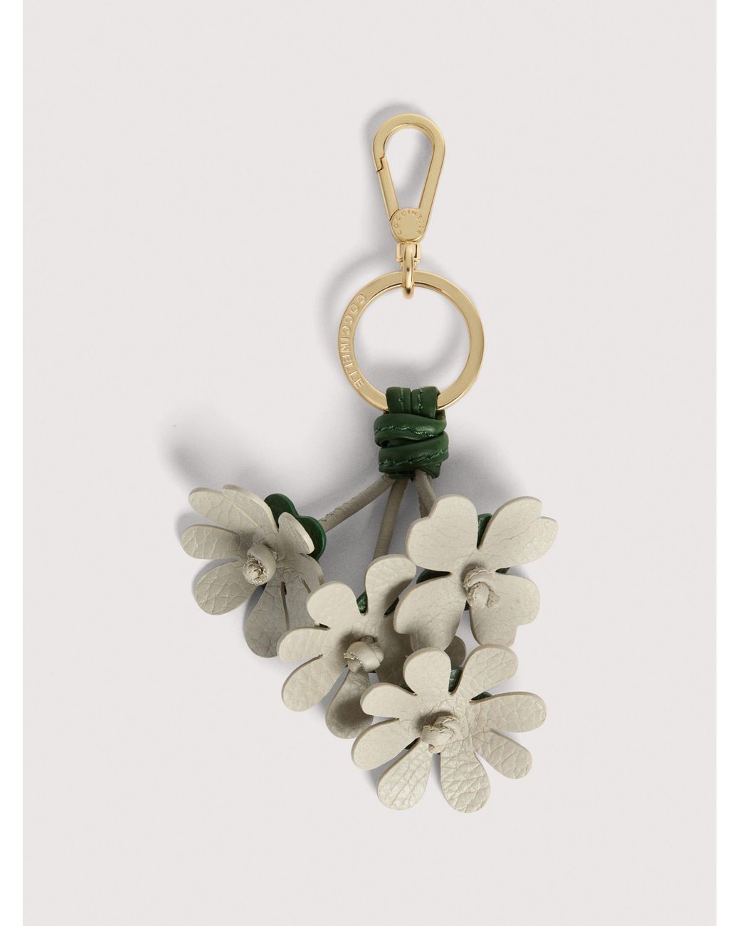 Coccinelle White Grained Leather Key Ring Flowers