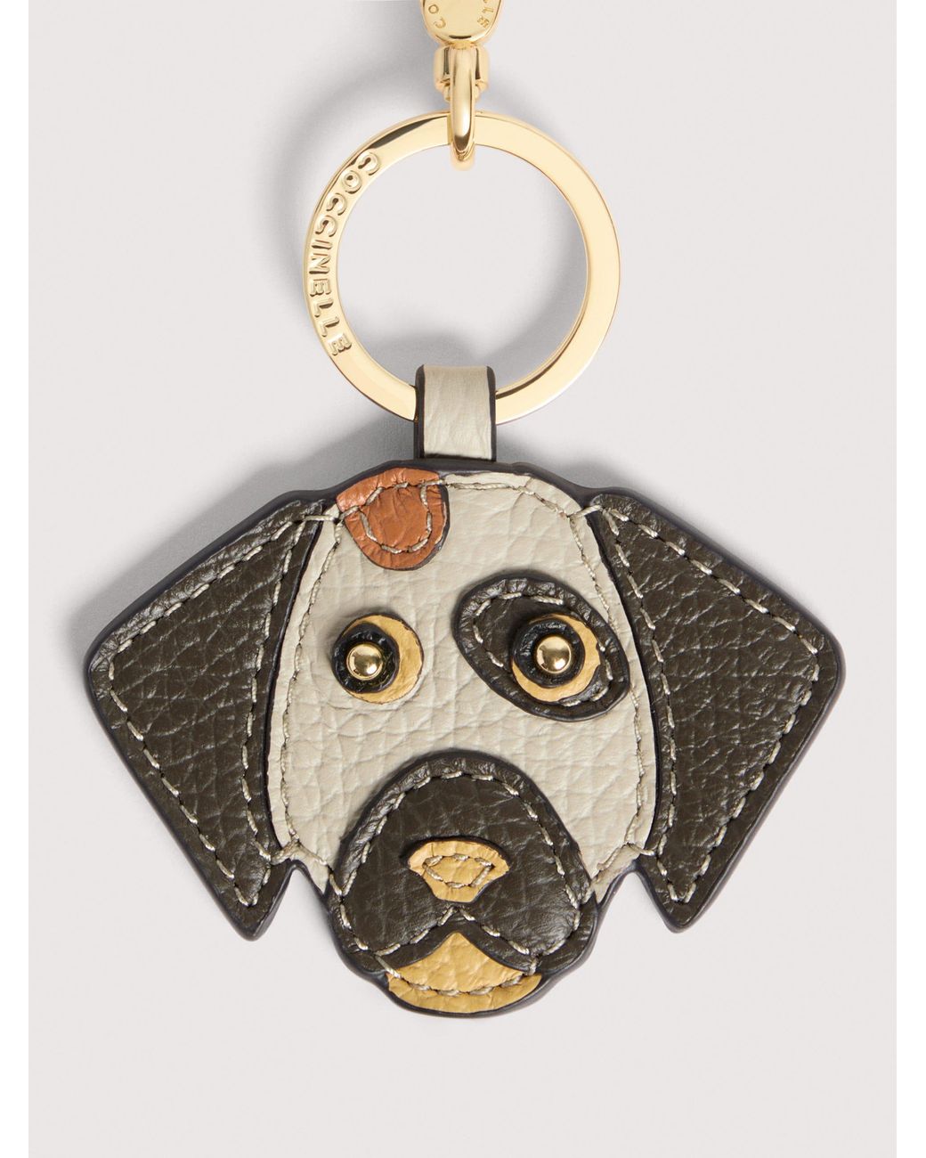 Coccinelle Natural Grained Leather Key Ring Dog Patch