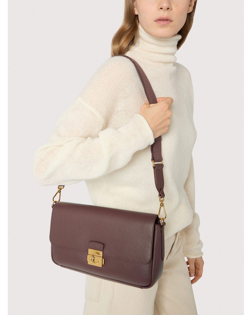 Coccinelle White Grained Leather Shoulder Bag C-Me Lock Large