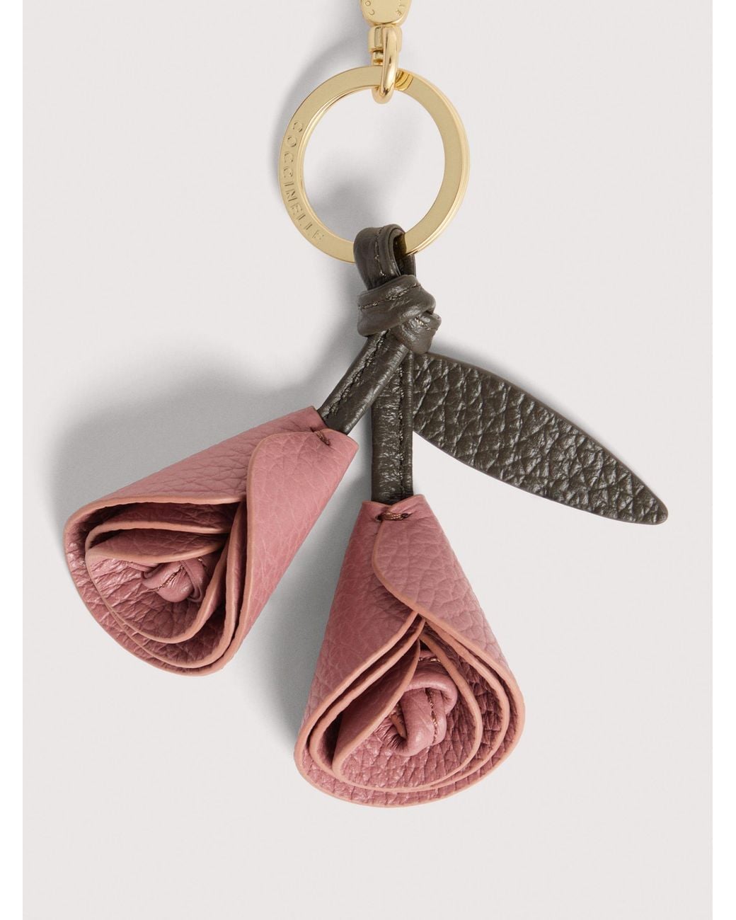 Coccinelle Pink Grained Leather Key Ring Flowers