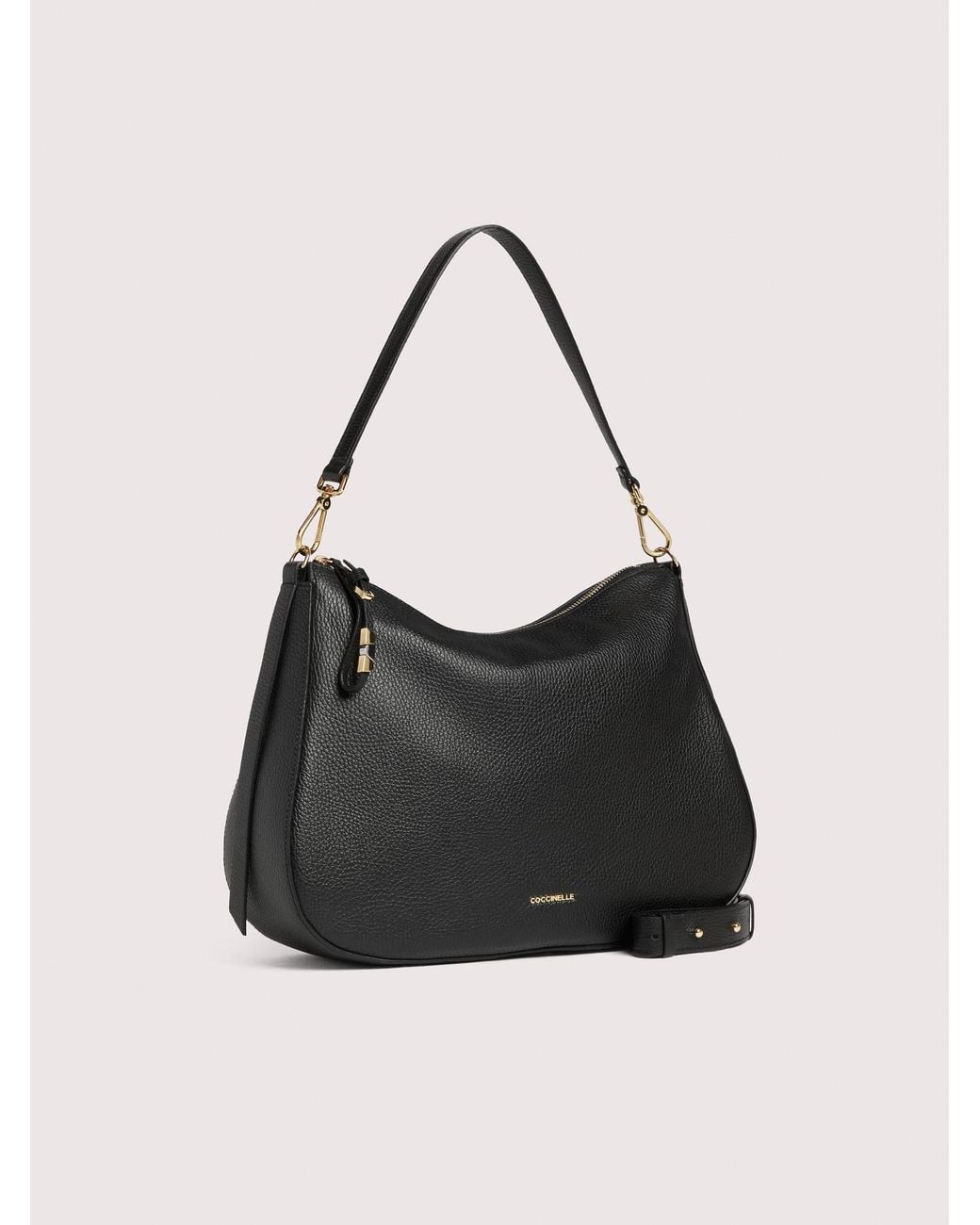 Coccinelle Black Grained Leather Hobo Bag Nory Medium