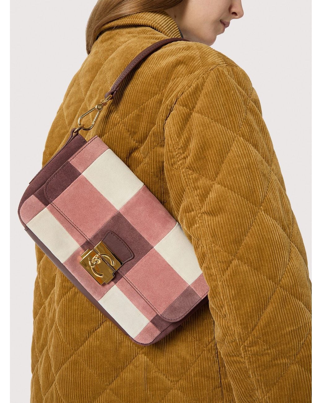 Coccinelle Pink Suede Shoulder Bag With Patchwork Vichy Detailing C-Me Lock Medium