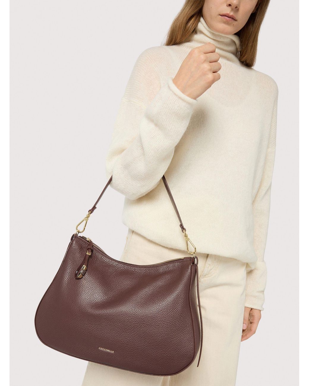 Coccinelle Purple Grained Leather Hobo Bag Nory Medium