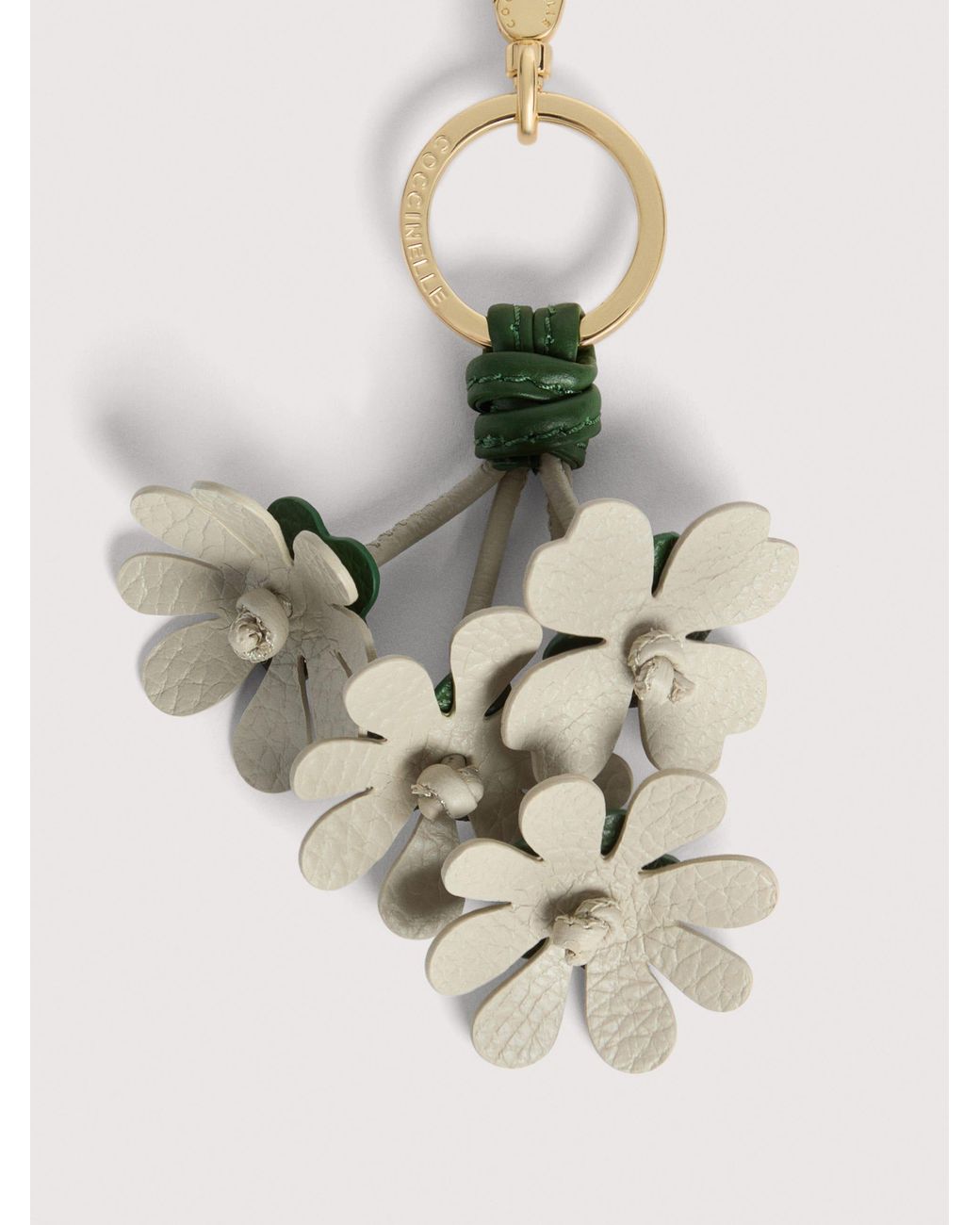Coccinelle White Grained Leather Key Ring Flowers