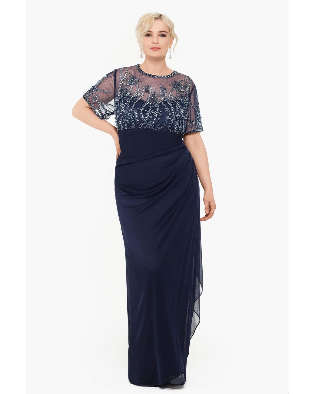 xscape ruched beaded gown