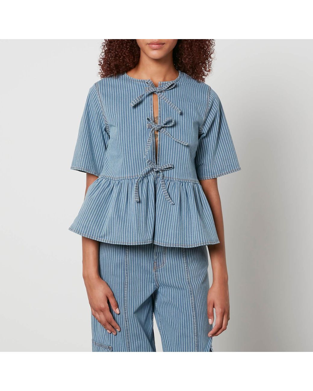 Ganni Striped Striped Denim Peplum Blouse in Blue | Lyst