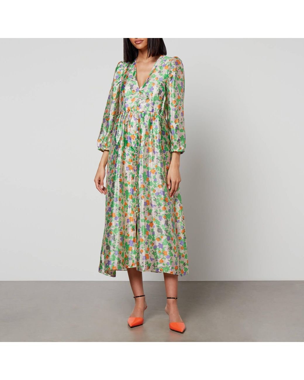 Baum und Pferdgarten Asana Floral-print Satin Dress in Green | Lyst