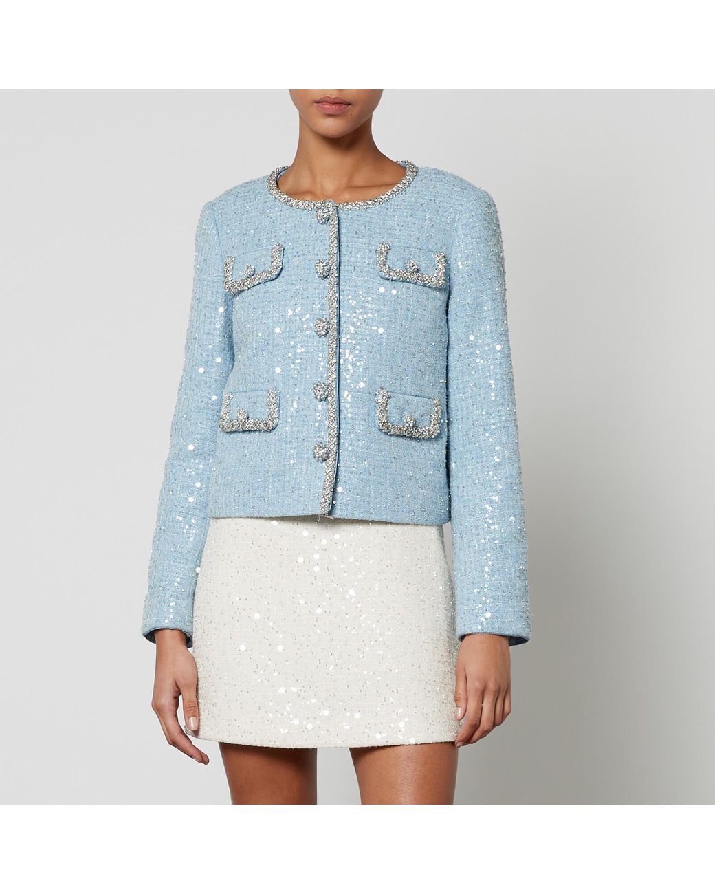 ジャケット SELF PORTRAIT Boucle fabric blazer with jewel buttons BLUE Self-Portrait Bouclé Blazer With Jewel Buttons In Blue