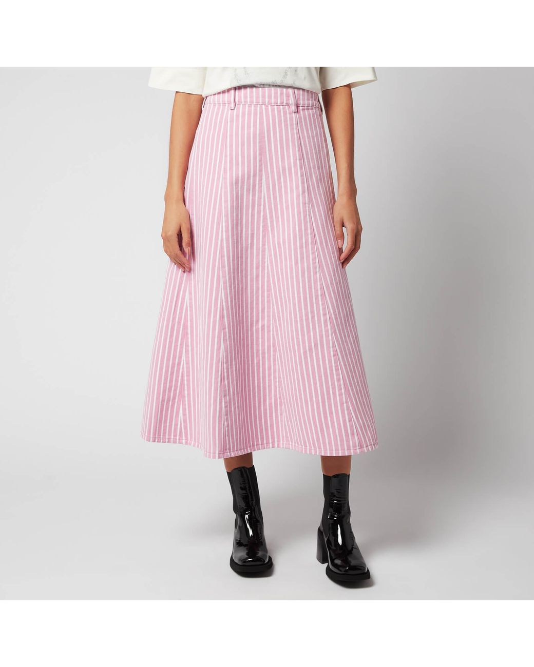 Ganni Stripe Denim Midi Skirt in Pink | Lyst Australia
