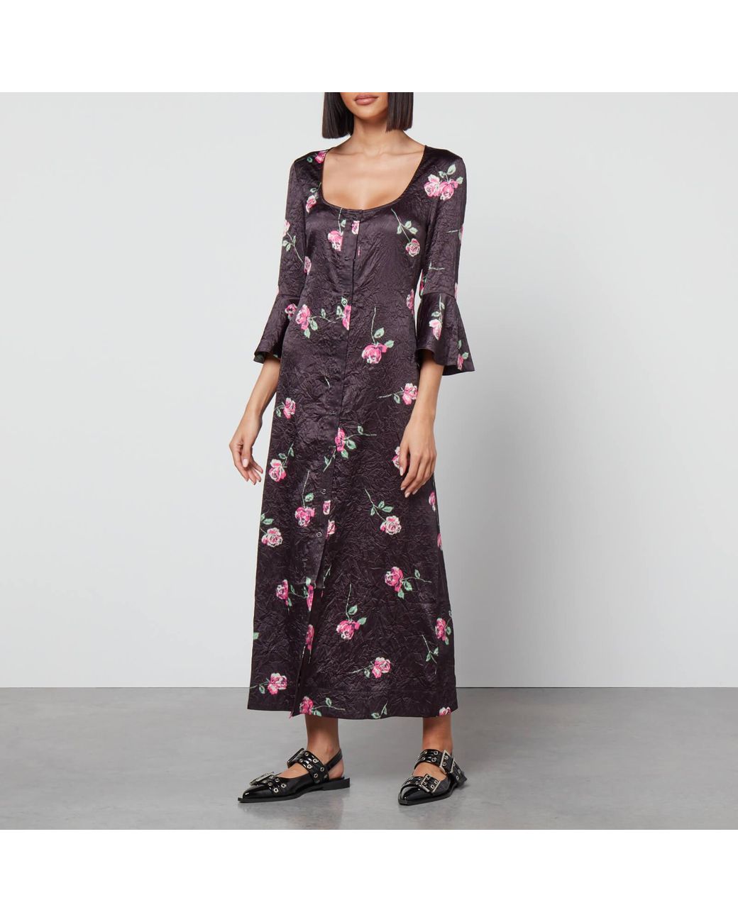 GANNI floral-print satin minidress - Black