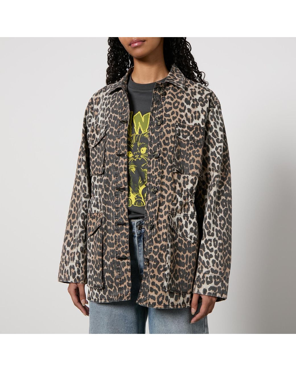 ジャケット GANNI LEOPARD COTTON CANVAS JACKET Brown Leopard Cotton Canvas Jacket by GANNI on Sale